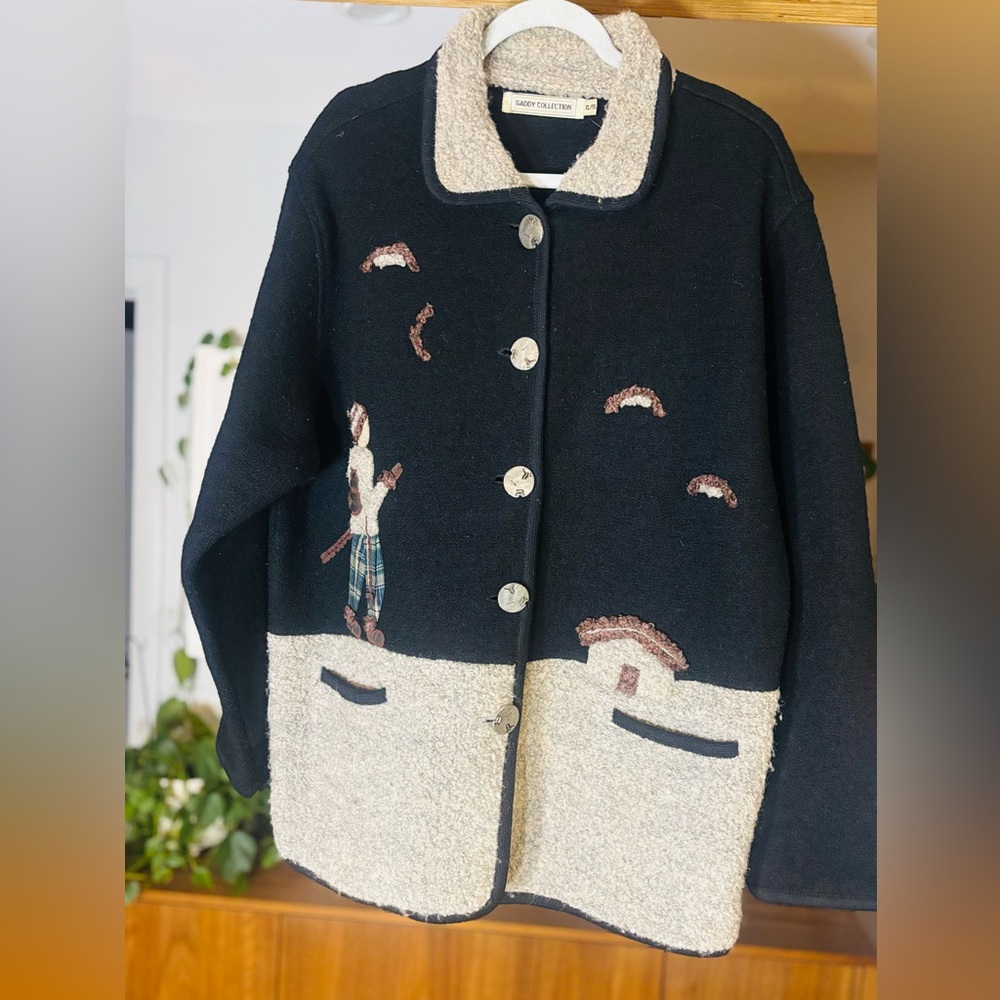 Vintage Wool and Bouclé Cardigan with Embroidery – Size XL